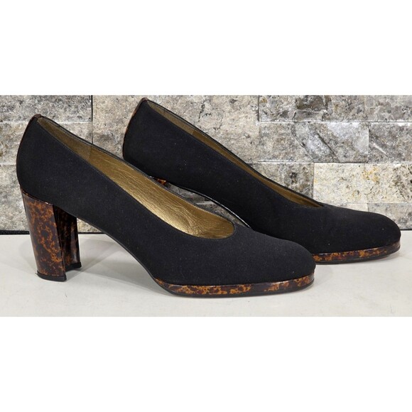 Stuart Weitzman Suede Leather Pumps Tortoise Shell Heel Black Spain Women's 8AA - Picture 2 of 13